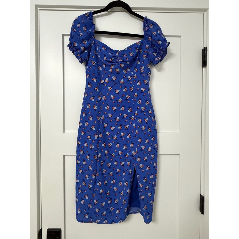 City Triangles Blue Floral Puff Sleeve Sweetheart Midi Dress PABG-2033 Small